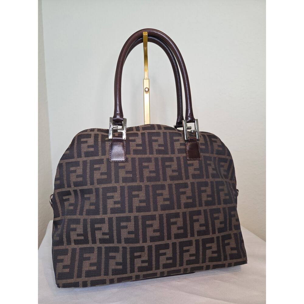 Fendi Zucca Canvas Brown Leather Trim Satchel Bag Silver Hardware Tote Vintage